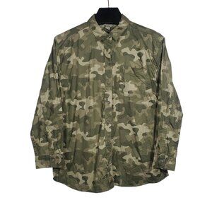 Eddie Bauer Long Sleeve Button-Up Shirt Women's PM Green Camo Boyfriend Fit